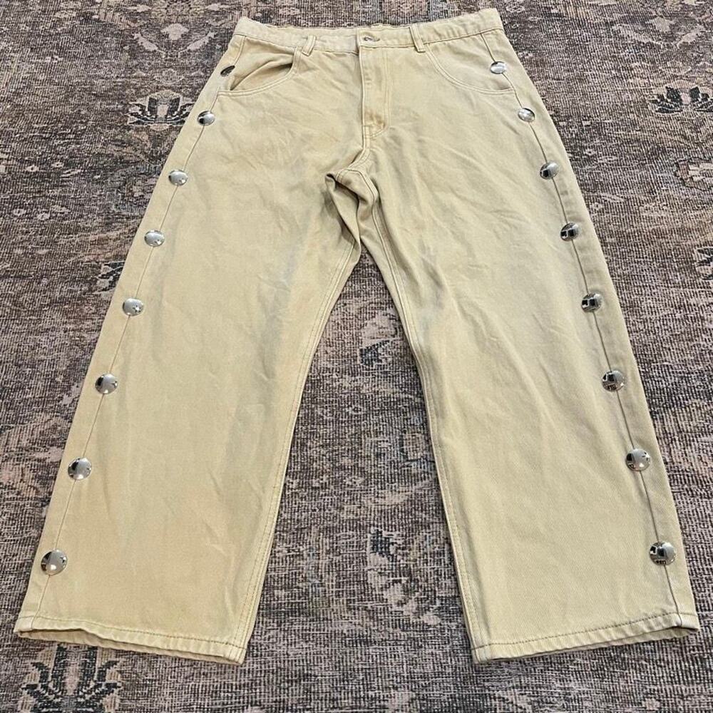 Roucha Duchamp Stud Denim Ecru Salt Tan Barrel Wide Leg Jeans Silver Snap Studs